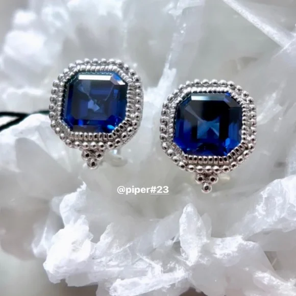 NWT Judith Ripka Asscher-cut Blue Sapphire Estate Stud Earrings - Picture 3 of 11